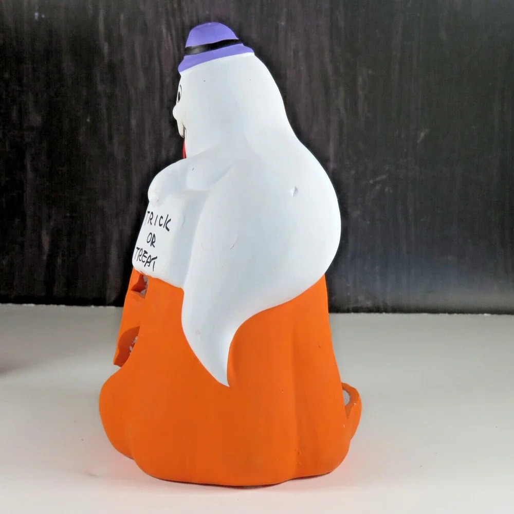 Ceramic Ghost Pumpkin Halloween Tea Light Candle Holder Statue 7” Kmart Vintage